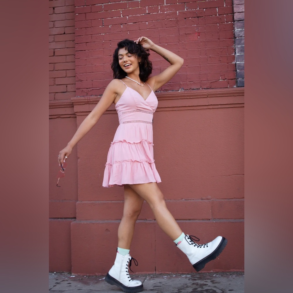 TRIXXI Clothing Company Dusty Rose Pink Ruffle Tier Dress Barbiecore Lace